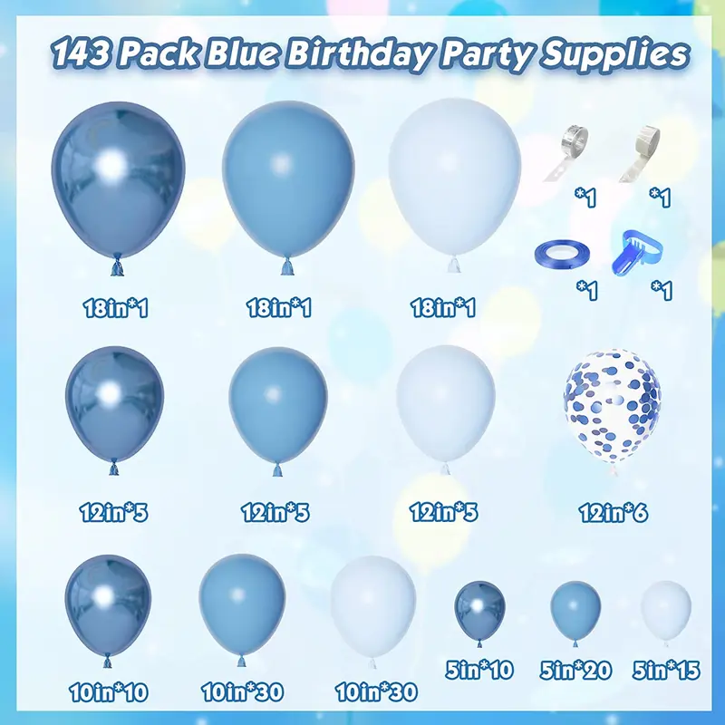 143Pcs Blue Balloons Arch Garland Kit, Different Size Metallic Blue Macaron Confetti Balloons 2