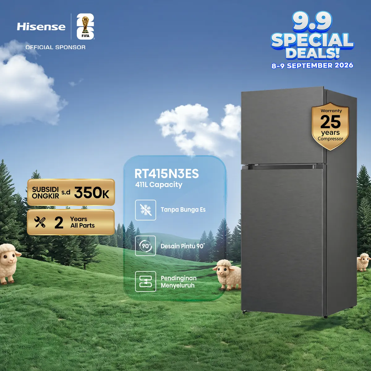 New Arrivals! HISENSE-RT415N3ES -Kulkas 2 Pintu Grey Metal 411L-Inverter Pro-Frost Free-Fan Cooling-Electronic Control-Ice Maker-Recessed Handle