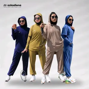 Azkadiena Setelan Jenita Set Baju Olahraga Wanita Muslimah Panjang Set Sporty spandex katun turkish baju olahraga muslim Celana Hoodie Jilbab