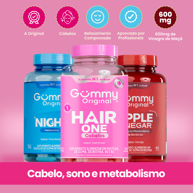 Kit 3 Gummy Original: Night + Vinagre de Maçã + Hair One – Combo Completo de Suplementos Gummy