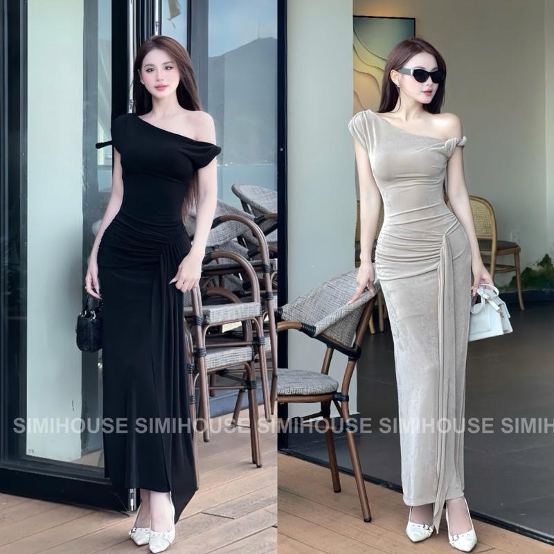 Váy body thun nhũ lệch vai xếp nhún / Đầm body nhũ tiệc thiết kế sang trọng (SIMIHOUSE)