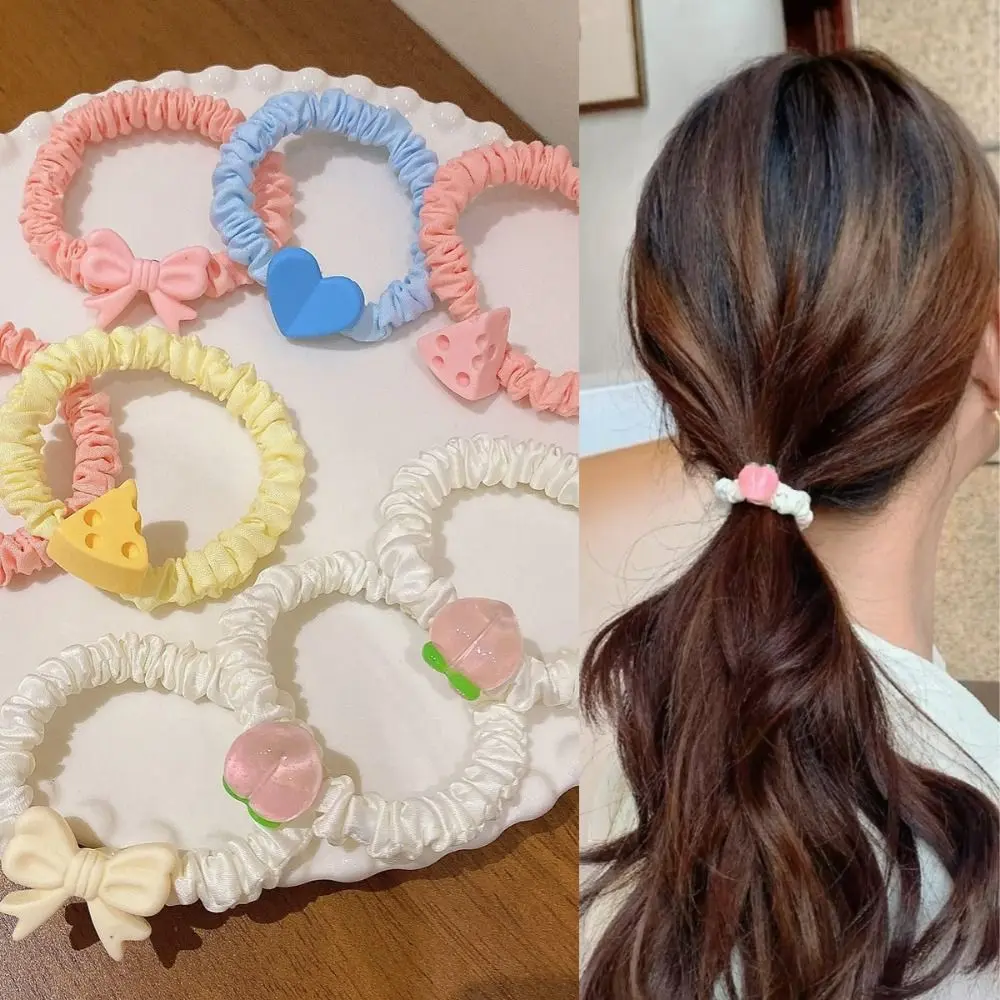 Ins Cheese Heart Wrinkle Hair Band Candy Color High Elastic Bow Headband Korean Ponytail Sweet Hair Rope for Meatball Head