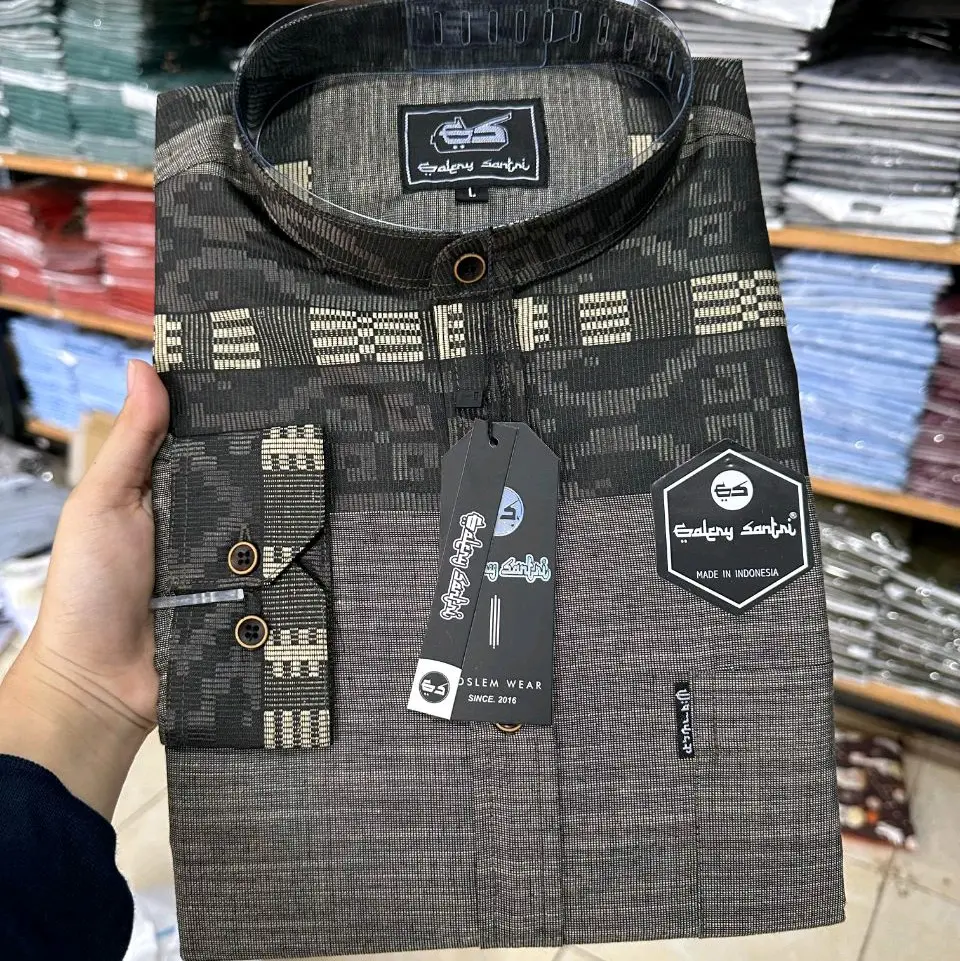 Galery Santri Baju Kemko Kemeja Koko Muslim Pria Motif Songket Lengan Panjang Slimfit Kerah Sanghai Model Terbaru