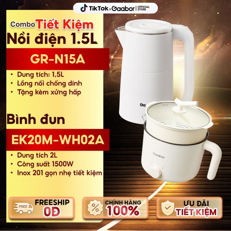 Gaabor | Combo Tiết kiệm | Nồi diện đa năng GR-N15A dung tích 1.5 lít lòng nồi 1.3 lít 600W & Bình đun siêu tốc ấm siêu tốc Gaabor EK20M-WH02A dung tích lớn 2 lít công suất 1500W lòng ấm thép inox 201 dễ vệ sinh ấm siêu tốc ấm siêu tốc bền khách sạn