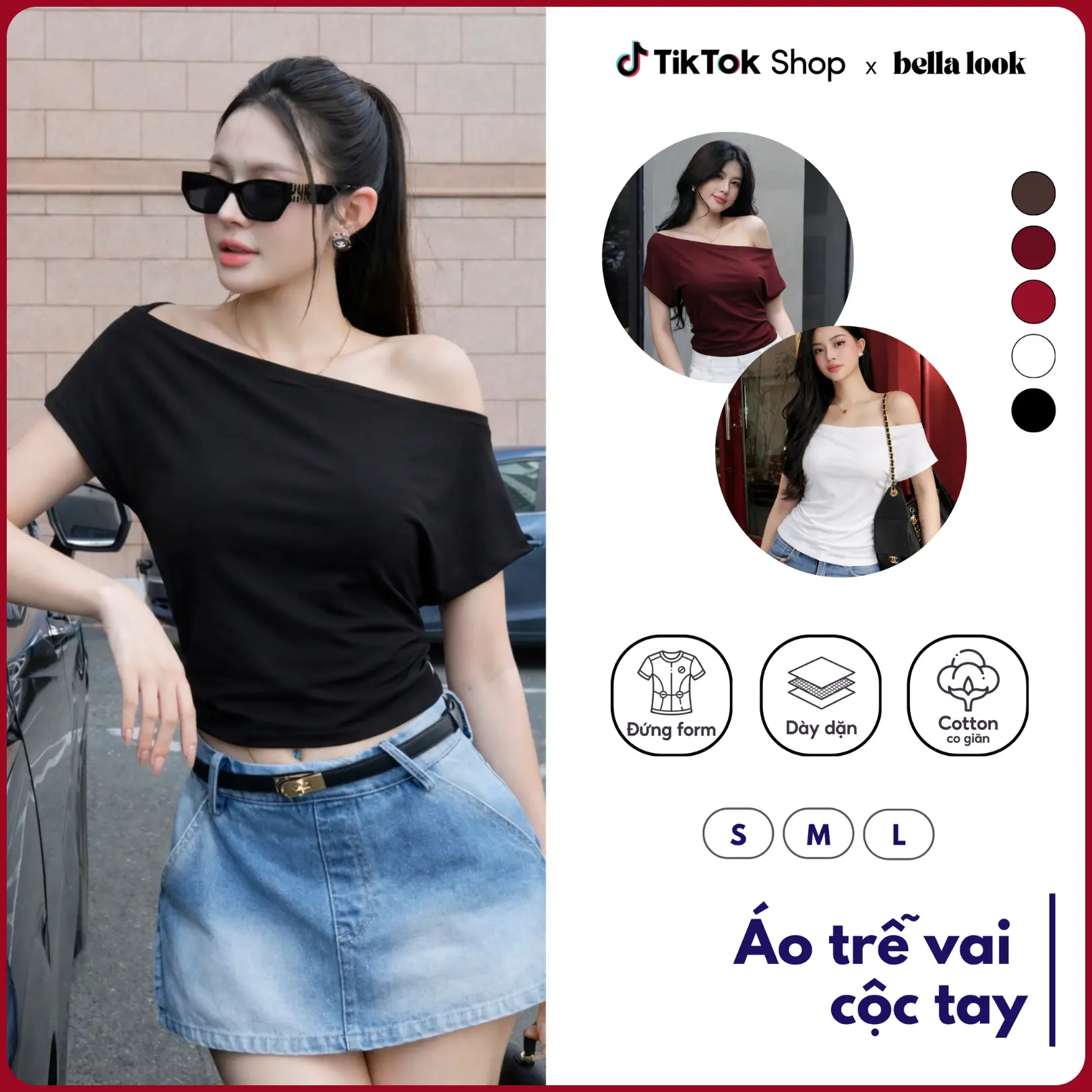 Áo Trễ Vai Cộc Tay Nữ Women Cotton Co Giãn BellaLook-623 [DEAL Mở Bán SỐC]