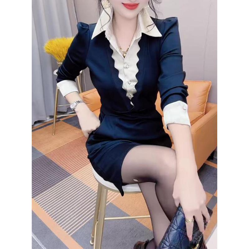 Váy Sơ Mi Đệm Nhung Cho Nữ, Thời Trang Mới, Thanh Lịch, Kiểm Soát Eo, Giảm Béo, Đa Năng, Giả, Hai Mảnh, Đáy, Mùa Thu Và Mùa Đông