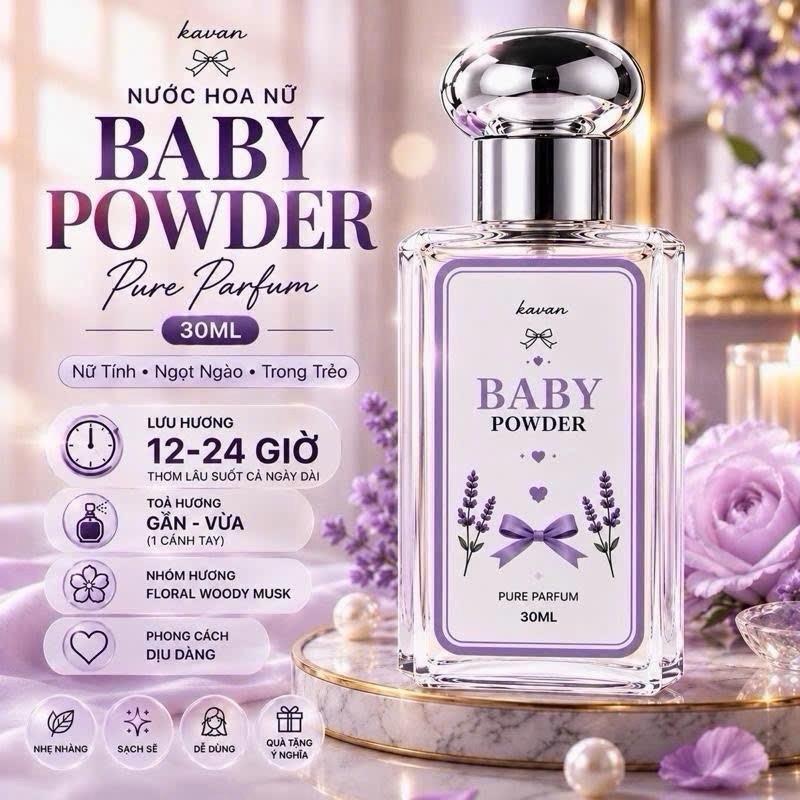 N29ss Tinh dầu Nước hoa Baby Powder x Kavan Lưu hương 12-24 tiếng - Mùi hương nữ tính, ngọt ngào, trong trẻo, lưu hương lâu 30ml