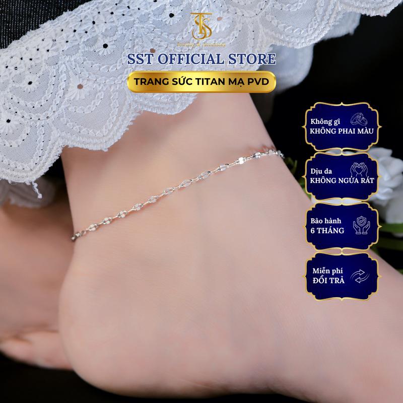 Lắc Chân Nữ Titan SST Kiểu lá me trơn trắng óng ánh Không Đen Gỉ - Móc Tròn LC55