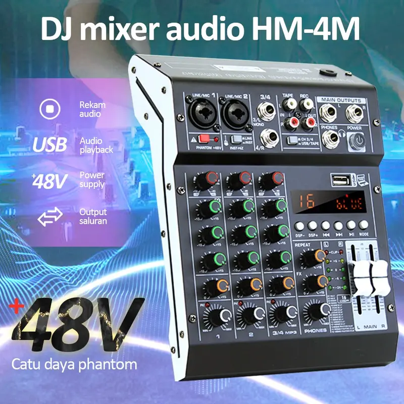 Bonkyo Pm4/HM-4M mixer sound audio system Bluetooth dsp USB 4 channel mini audio interface for recording 12v mixer with equalizer Bass Monitor Komputer Amplifier Adaptor Logam 0