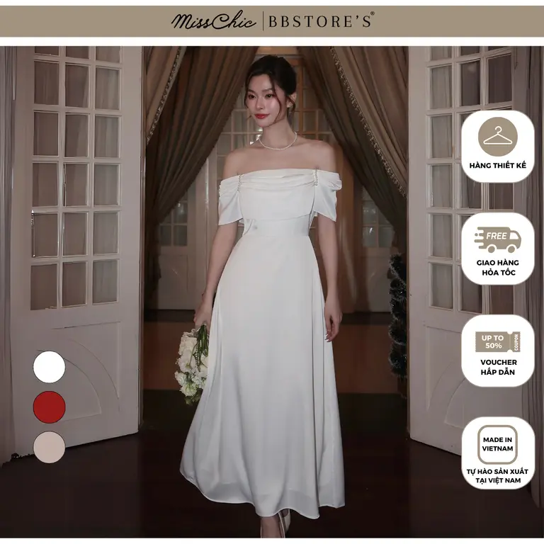 Đầm Dự Tiệc Trễ Vai Nhún Ngực Kiểu Dáng Trẻ Trung MissChic x BBSTORE'S - D746