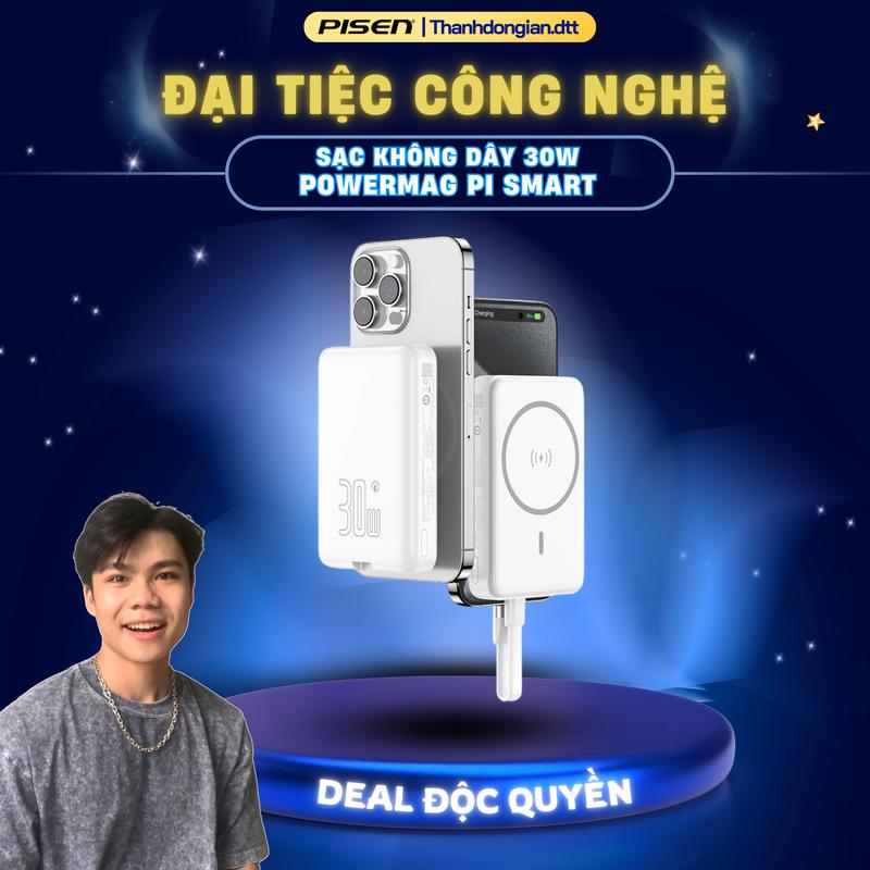 [PISEN x Thành Đơn Giản] Sạc Dự Phòng Không Dây MagSafe | Nhỏ Gọn, Tích Hợp Cáp Sạc Nhanh, Nhiều Màu Sắc Thời Trang | PISEN QUICK - PowerMag 30W Pi Smart | TP-D113 | Bảo Hành 18 Tháng (Kích Hoạt PCARE + 6 Tháng) | Bảo Hiểm 2 Triệu Đô Toàn Cầu