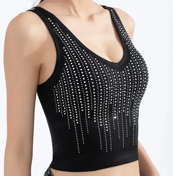 Spring, summer, autumn and winter new camisole vest with rhinestone wrapped chest and chest cushion, fashionable and slimming, elastic and beautiful back camisole vest crop v  neck shoulder  graphic turtleneck  tank tops tank  top