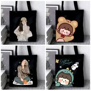 Tote Bag Kanvas Hitam Wanita Motif Kartun & Hijab Tas Jinjing Lucu untuk Sekolah, Ngampus & Hangout