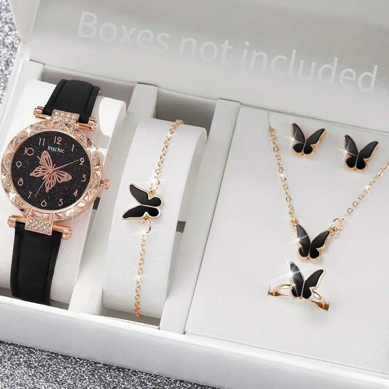 5PCS Jam Tangan Kuarsa Wanita Bergaya Berlian Berlian Kupu-kupu Dial PU Tali Kulit  Quartz Watches Kaca Set Perhiasan Kupu-kupu Gratis (Tanpa Kotak) 0
