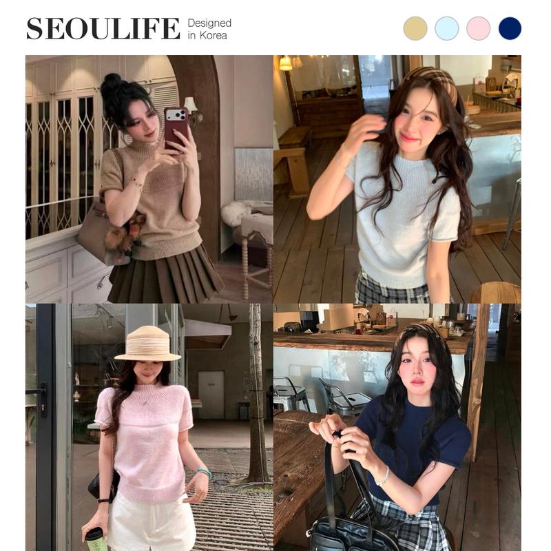 SEOULIFE | Áo len dệt kim tay ngắn cổ lọ thấp phong cách Hàn Quốc thanh lịch thu đông Cardigan 2026. Dễ phối đồ đi làm, đi học, hẹn hò. Tôn dáng, tôn da. Màu xanh dương, hồng, khaki và xanh navy.