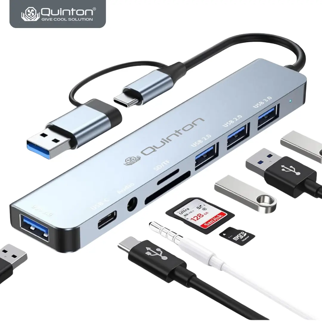 Quinton USB Type C Hub aluminium 8 in 1 USB 3.0 2.0 dengan SD Card, TF Card r, Audio Jack untuk MacBook Laptop PC Computer Kabel Multifungsi card reader iphone 15