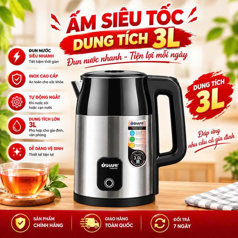 Ấm Đun Nước Siêu Tốc OSFIAPR Cao Cấp, Chất Liệu INOX 304 Tự Động Ngắt Khi Nước Sôi Rất An Toàn, Ấm Siêu Tốc Đun Nước Dung Tích 3L Siêu Lớn Công Suất 1500W, Bình Đun Nước Siêu Tiện Lợi Trong Mọi Gia Đình.