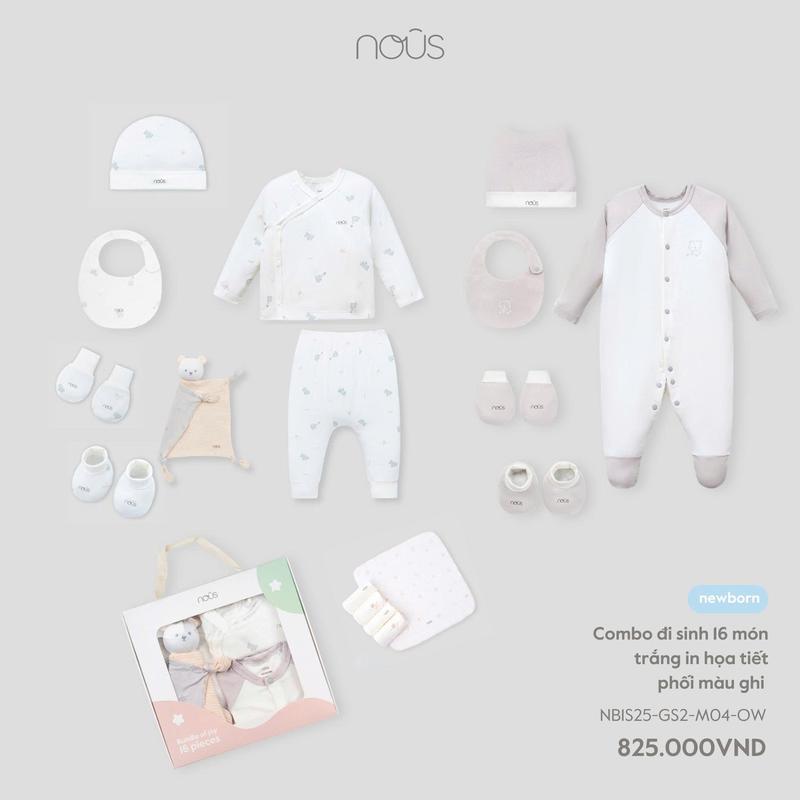 [KOL Nous Quà Tặng] Combo quần áo đi sinh 16 món màu sắc phối họa tiết cho bé sơ sinh BST T4