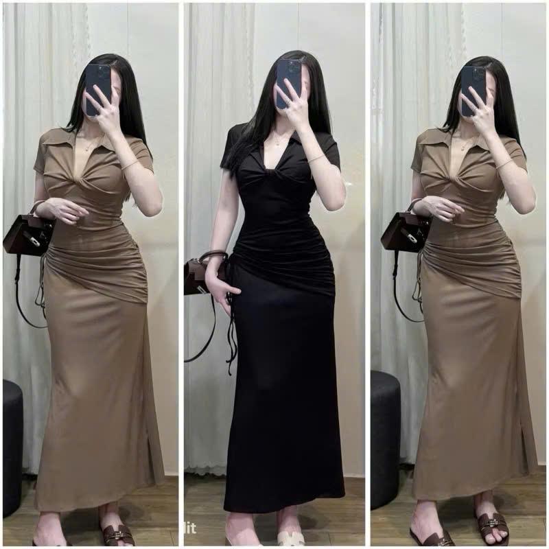 SM - Đầm body cổ sơ mi xoắn v1 dáng dài chéo rút hông che bụng thanh lịch - Thun gân lạnh H745 Váy boby , váy body nữ tôn dáng , váy xinh , váy đi tiệc , váy đi biển