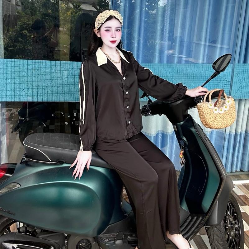 Set bộ quần áo lụa cổ sơ mi tay phồng TY2160 Thư Ying Shop