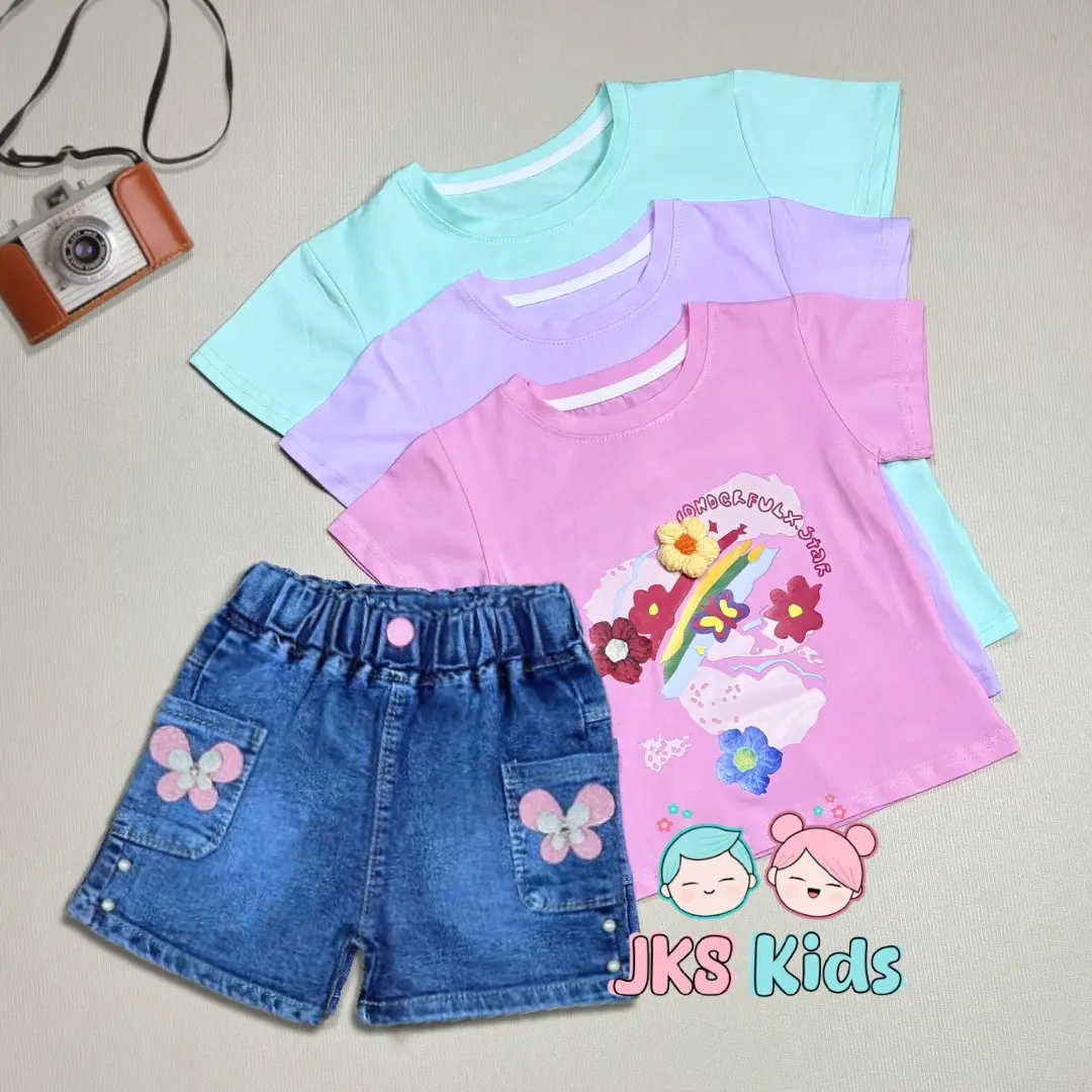 SETELAN CELANA PENDEK HOTPANTS JEANS KAOS CROP TOP ANAK PEREMPUAN