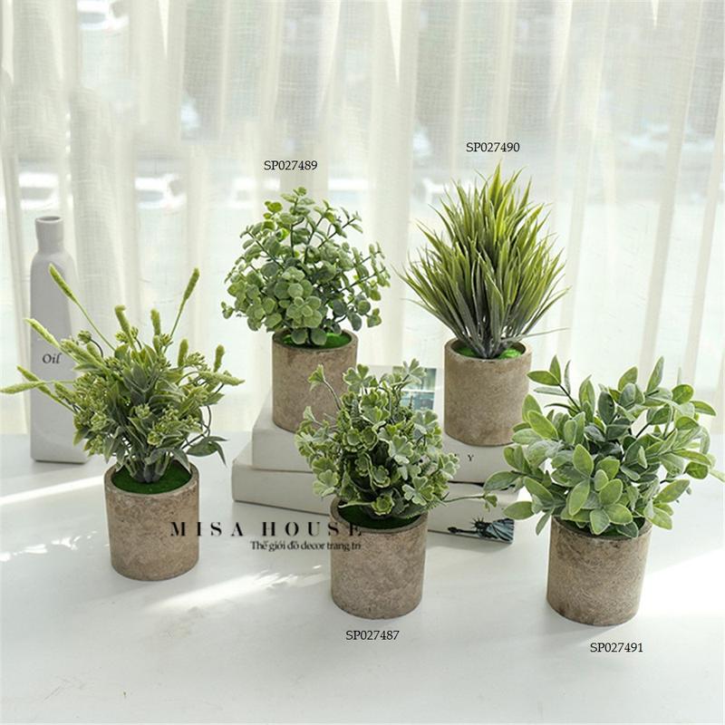 Chậu cây xanh giả để bàn mini nhỏ xám để bàn trang trí tủ kệ nhà văn phòng cửa hàng - đồ decor trang trí phòng khách phòng ngủ bàn học bàn làm việc đẹp độc đáo Misa House decor 0