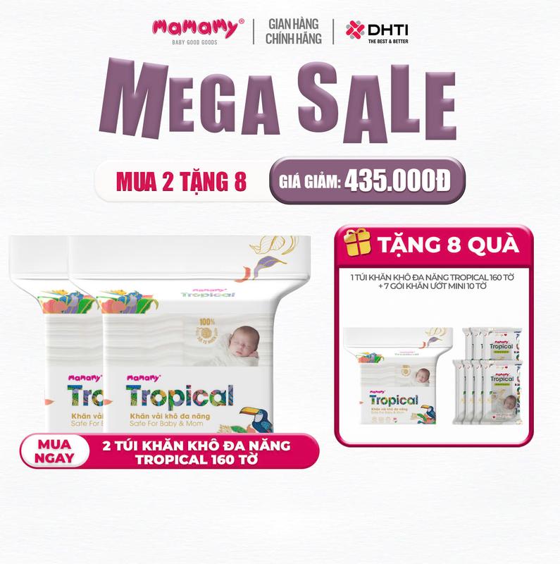   NKD  MUA 2 TẶNG 8  MUA 2 túi khăn khô đa năng Mamamy Tropical 160 tờ TẶNG 1 túi cùng loại + 7 gói khăn ướt mini Tropical 10 tờ cúc vạn thọ 