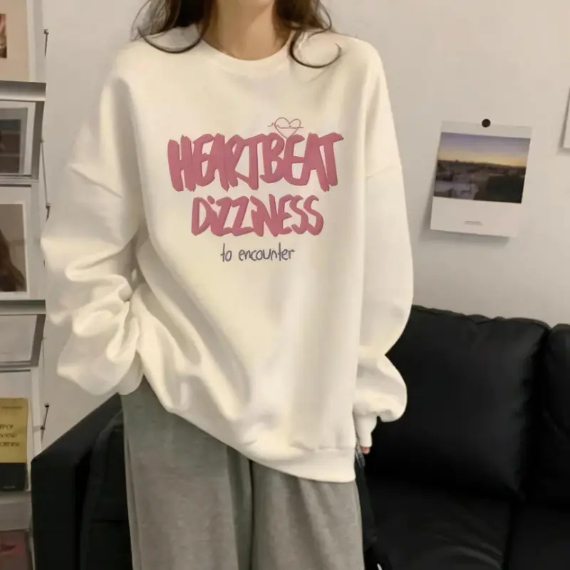 Sweater Crewneck Heart Beat Love Wanita Panjang Oversize BLUS Atasan Oblong Hoodie Sweatshirt baju atasan wanita Korean S Cewek Basic Korean S Fleece Kaos 1