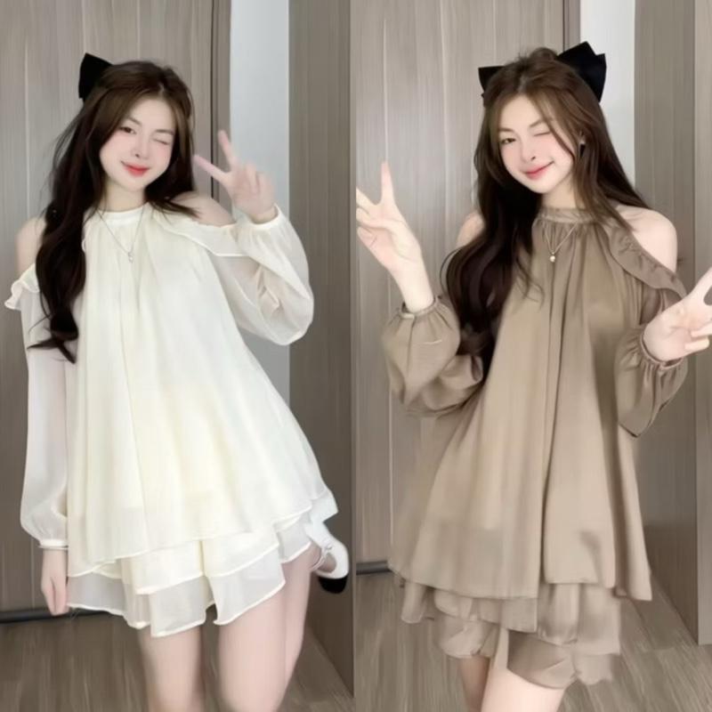 Set tơ bèo dài tay set bộ nữ nhún bèo vai kèm chân váy 2 tầng dilyshop - S110