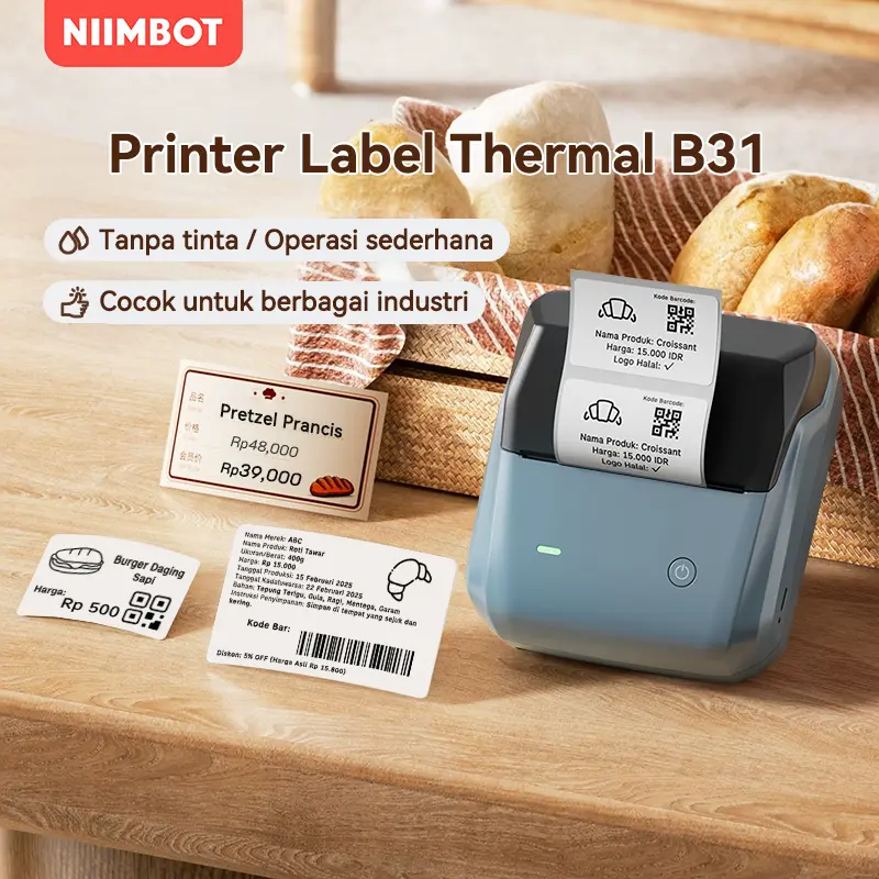 NIIMBOT B31 Printer Label Makanan, Printer Stiker Label Mini, Pembuat Label, Printer Barcode, Cocok untuk Toko Roti, Stiker Makanan, Stiker Makanan