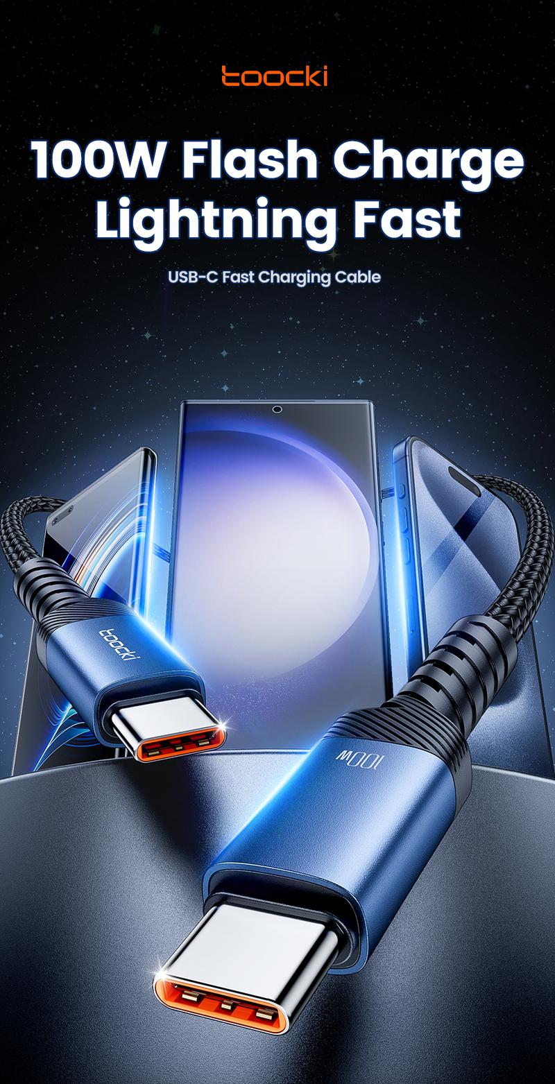 Product Introduction of Toocki 100W/60W Type C To Type C Cable Fast Charging USB To Type-C Charger Cord 90 Degree Elbow PD Data Wire 2-in-1 A/C To C Elbow Braided Wire 22