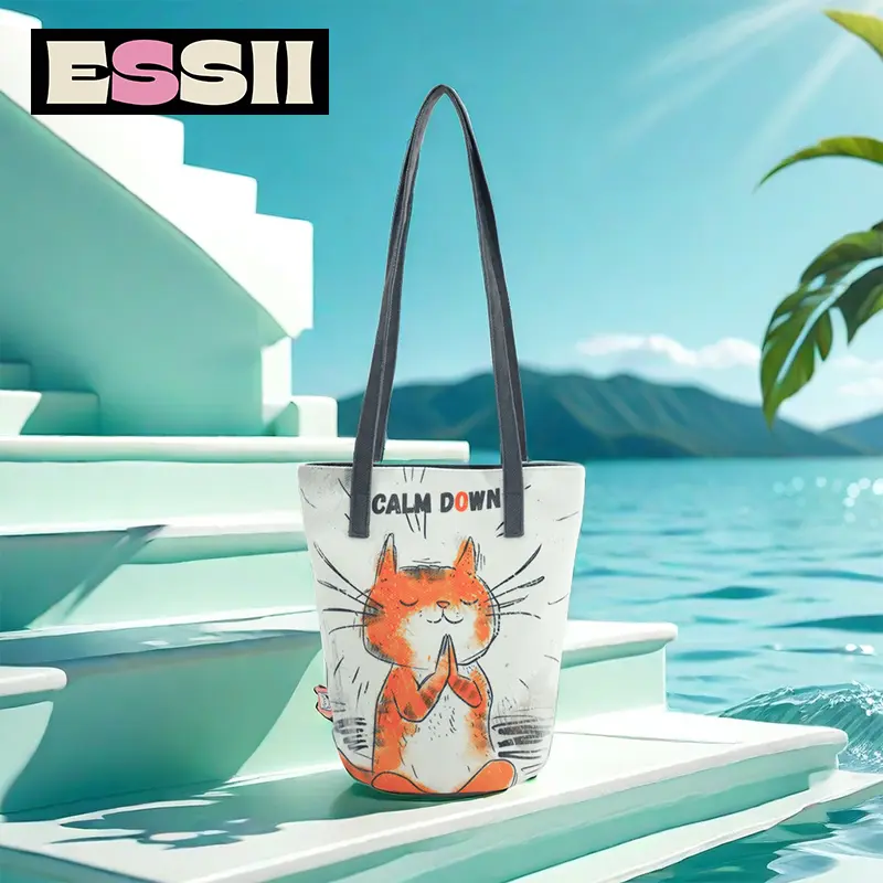 Original cute illustrations, student commuting fashion, cartoon literary girl, shoulder bag, cloth bag, extended bucket bag