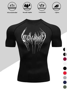 Ropa interior deportiva para hombre, top de compresión ajustado y delgado, estampado de texto artístico, cómoda absorción de humedad, camiseta de manga corta de secado rápido