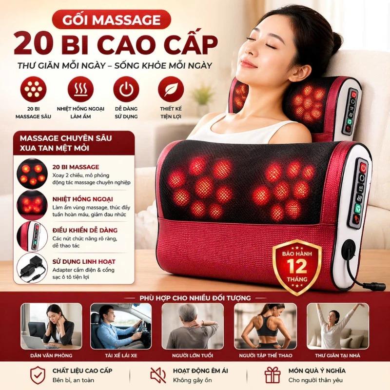 Gối Massage Cổ Vai Gáy -Gối Massage Hồng Ngoại 20 Bi Hỗ Trợ Mát Xa Toàn Thân