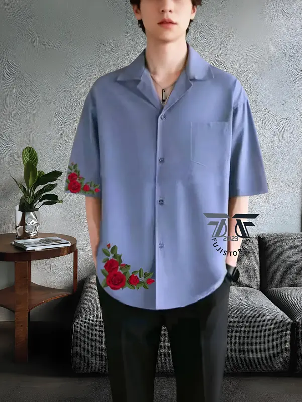 Kemeja Vintage Pria Lengan Pendek Polos Motif Hawai Roses Korean Style Bahan Katun - Kemeja Kerah Piyama 3