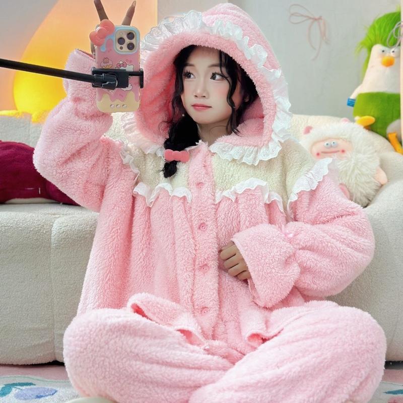XẢ HÀNG ĐÓN TẾT Bộ ngủ nữ lông dài tay bèo ren mềm mại ấm áp Women Áo Quần Ngủ Áo Ngủ Pijama Bộ ngủ Xưởng may Sm