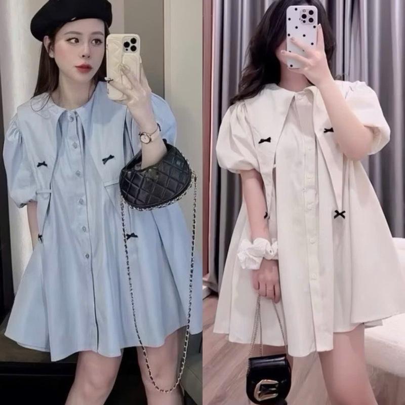 Set Váy Babydoll Cổ Sơ Mi Vạt Nhọn 4 Nơ Đen Mix Quần Bảo Hộ Xinh Thời Trang Nữ Chất Liệu Thô Sơ Mi Mềm Mại Kích Cỡ Dưới 57kg Màu Xanh & Be Có Quần Bảo Hộ - Áo