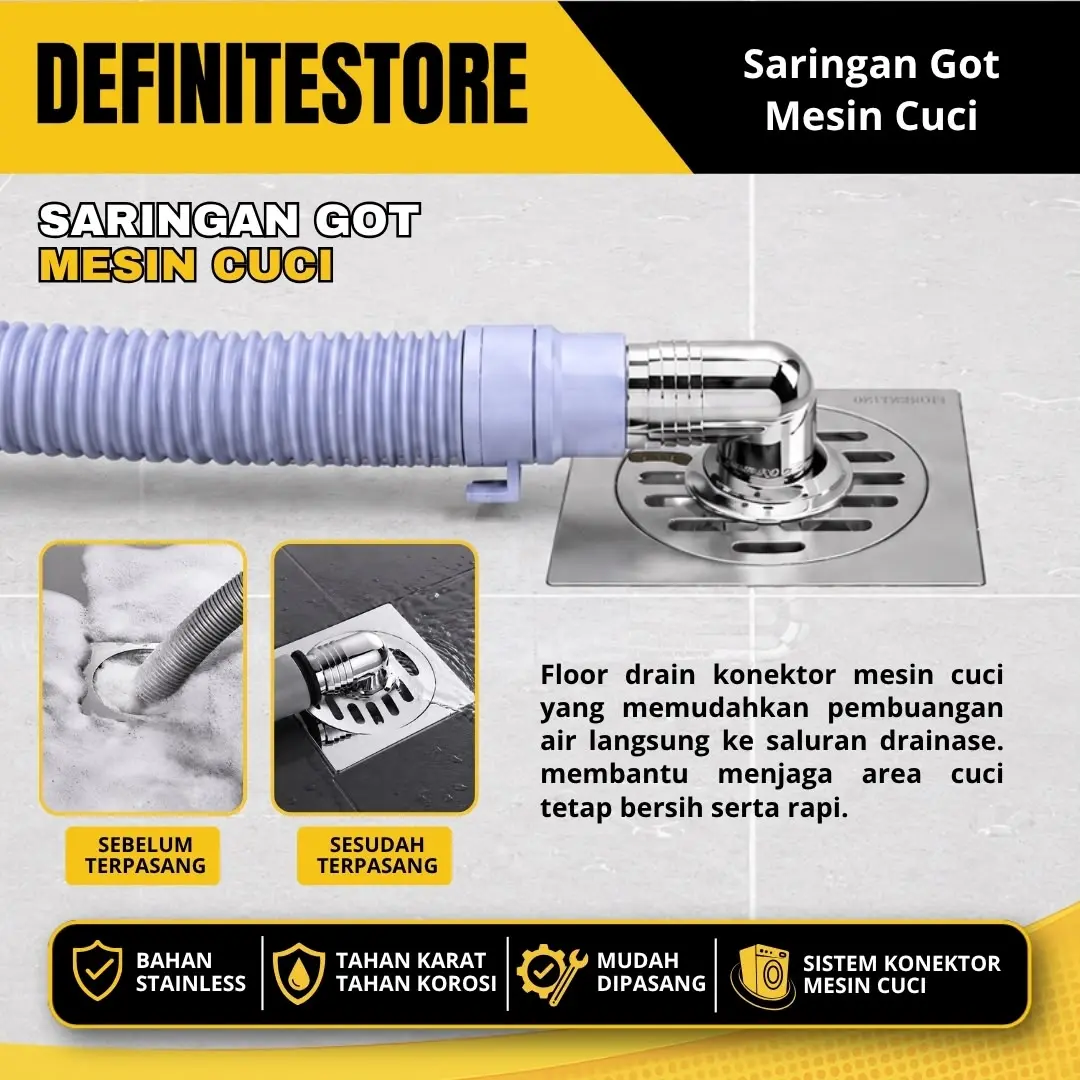 Floor Drain Mesin Cuci Stainless Saringan Kamar Mandi Saringan Got Floor Drain Kamar Mandi Stainless Sus 304 Anti Karat dan Anti Serangga Black Set tutup lubang air Keran