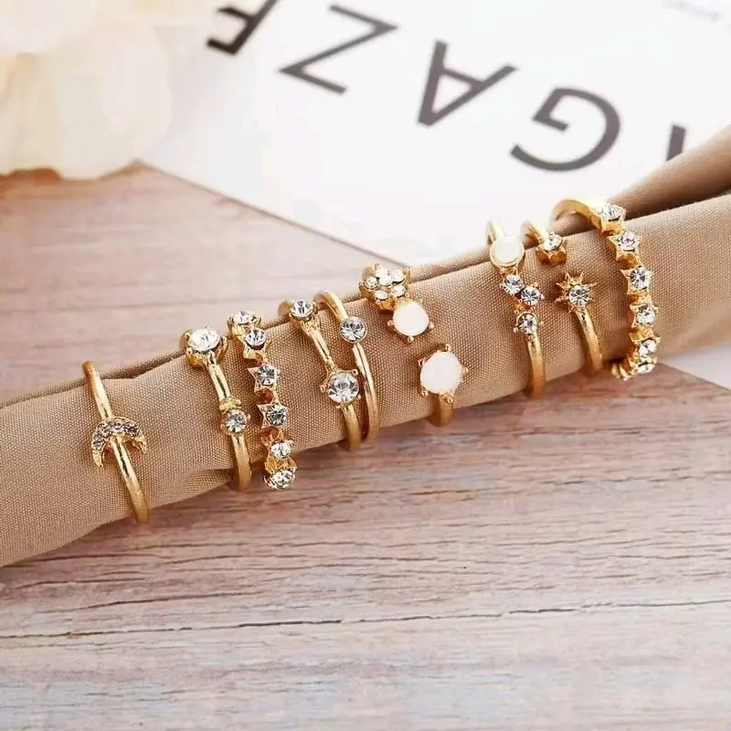 Cincin Vintage Gold Crystal | Ring Bohemian Moon Star | Rings Women Finger | Ring Wedding Retro Emas Perempuan Titanium 2
