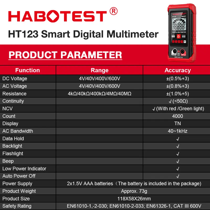 [6.6 BIG SALE]HABOTEST HT123 Digital Multimeter Auto Range 2,000 Counts True RMS AC/DC Voltage Resistance NCV Test 2