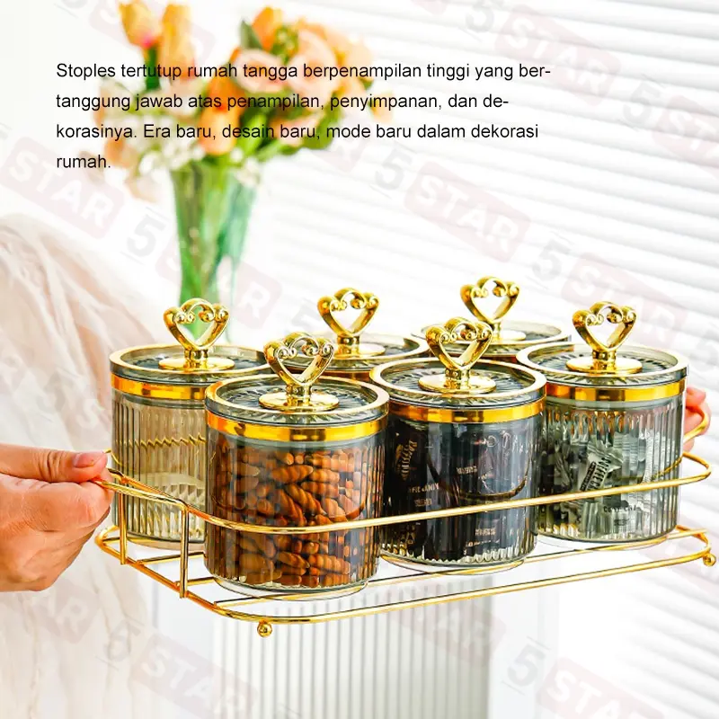 【Flash Sale】5STAR Set Toples Gold & Nampan Mewah - Guci & Kotak Penyimpanan Kue, Camilan, Dapur, Set Tangki Segel Plastik, Desain Elegan untuk Lebaran 2