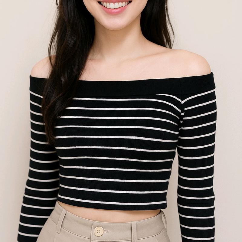 Áo trễ vai sọc ngang dáng ngắn croptop tay dài Nữ Women Top A29