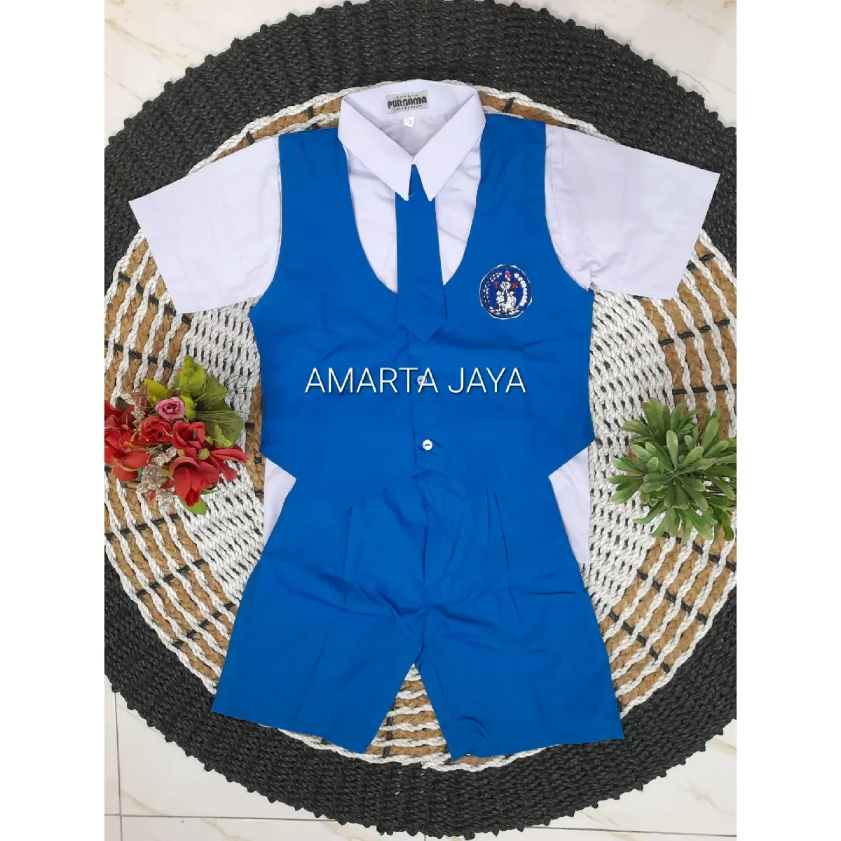 SETELAN SERAGAM PAUD DAN TK PGRI COWOK PENDEK WARNA BIRU PUTIH BAJU BAHAN KATUN DELTA DAN CELANA ROMPI BAHAN GRAND MASTER MURAH BERKUALITAS
