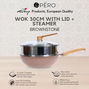 [MAKSAN] Pero Wok 30cm  With Lid + Steamer BEIGE / Wajan Granite Anti Lengket