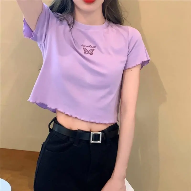 New 2023 Summer High Waist Cropped Cropped T-Shirt for Women  Fit ming Versatile Butterfly Embrooded Short Sleeve Top for Women