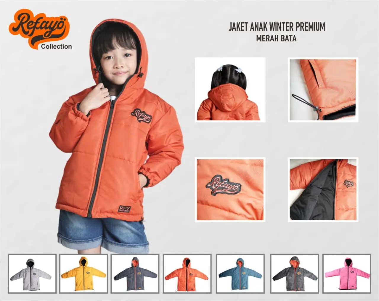 Jaket Winter Anak REFAYO Pria Wanita Outdoor Waterproof Windproof Merah Bata Bordir Hoodie