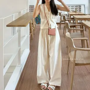 Evelyn set trousers by Kalea Attire | setelan wanita | setelan wanita pantai linen | setelan vest tali dan Highwaist Pants linen basic Korean Long Trousers | vest tali rompi | baju pantai wanita | baju set wanita | setelan wanita Bernadya Tanktop one  set