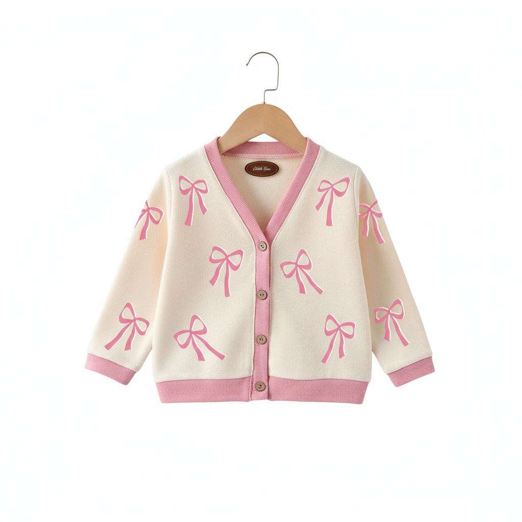 CAIFU Jaket Cardigan Pita Cream Anak Perempuan Lengan Panjang Y2K Usia 3-12 Tahun Bahan Lembut Halus Nyaman Adem Variasi Warna Pastel Cantik Fashion