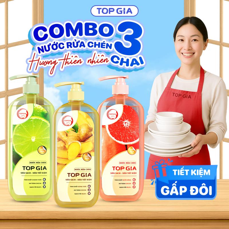 [CHAI LỚN TIẾT KIỆM] COMBO 3 Chai Nước Rửa Chén TOPGIA 3kg Mùi Chanh, Bưởi Và Gừng, Làm Sạch Dầu Mỡ Và Vết Bẩn, An Toàn Cho Da, Không Làm Khô Tay (RC)