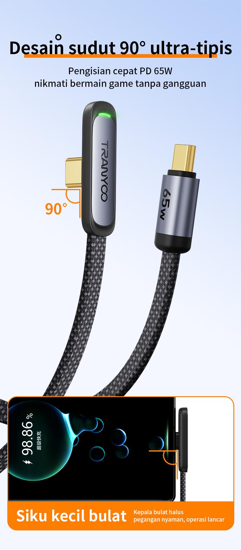 TRANYOO Kabel Data 65W Type-C ke Type-C / 30W Lightning(iPhone), desain siku 90°, cocok untuk iPhone, Samsung, OPPO, VIVO, Xiaomi, POCO, realme, Infinix & Android. Konektor emas, panjang 1,2m, cocok untuk ponsel & tablet, model CC-3. TRANYOO Kabel Data 65W Type-C ke Type-C / 30W Lightning(iPhone), desain siku 90°, cocok untuk iPhone, Samsung, OPPO, VIVO, Xiaomi, POCO, realme, Infinix & Android. Konektor emas, panjang 1,2m, cocok untuk ponsel & tablet, model CC-3.